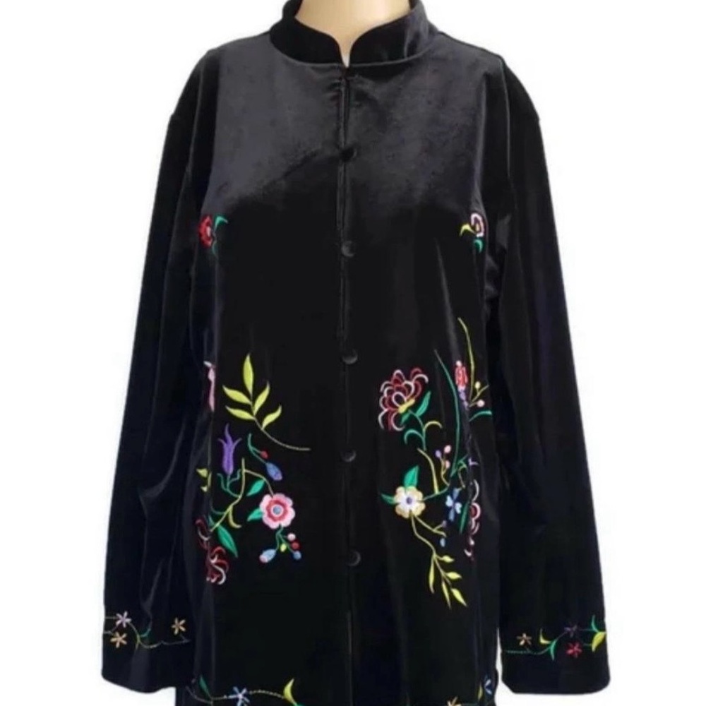 Susan Graver Black Velvet Jacket with Floral Embroidery